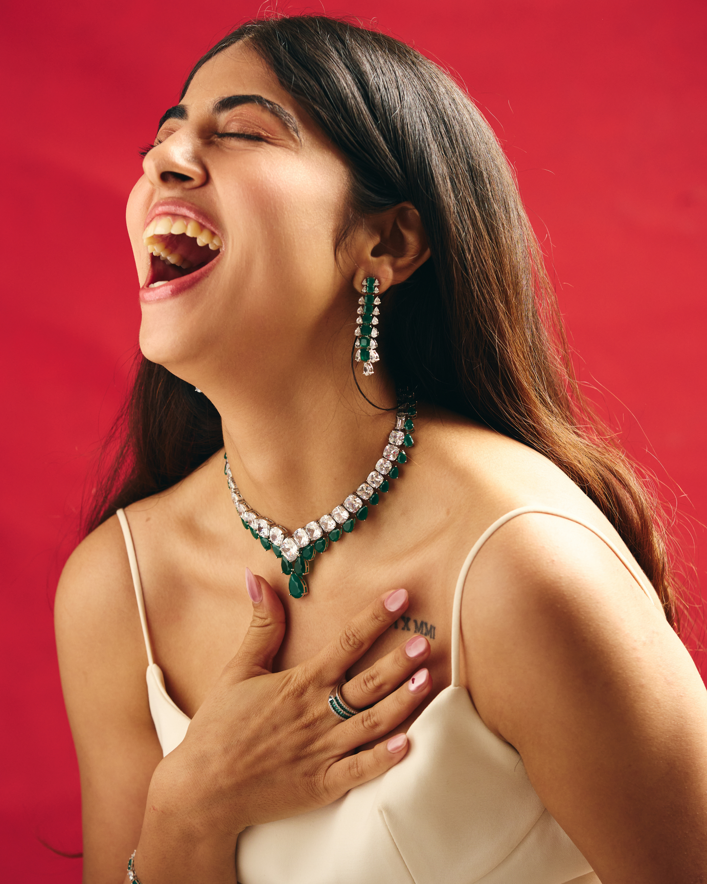 Green Pear Cut & Cushion Setting Necklace with Earrings