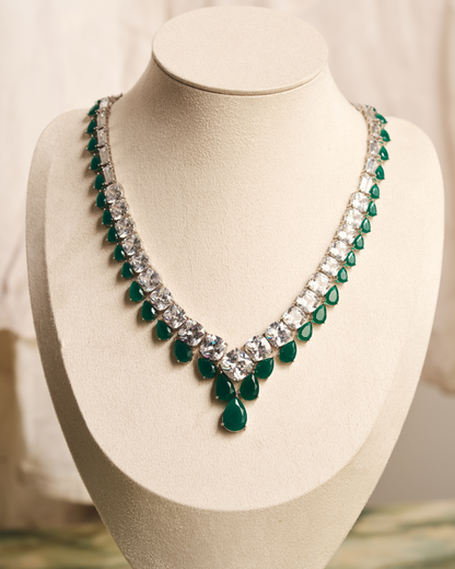 Green Pear Cut & Cushion Setting Necklace with Earrings